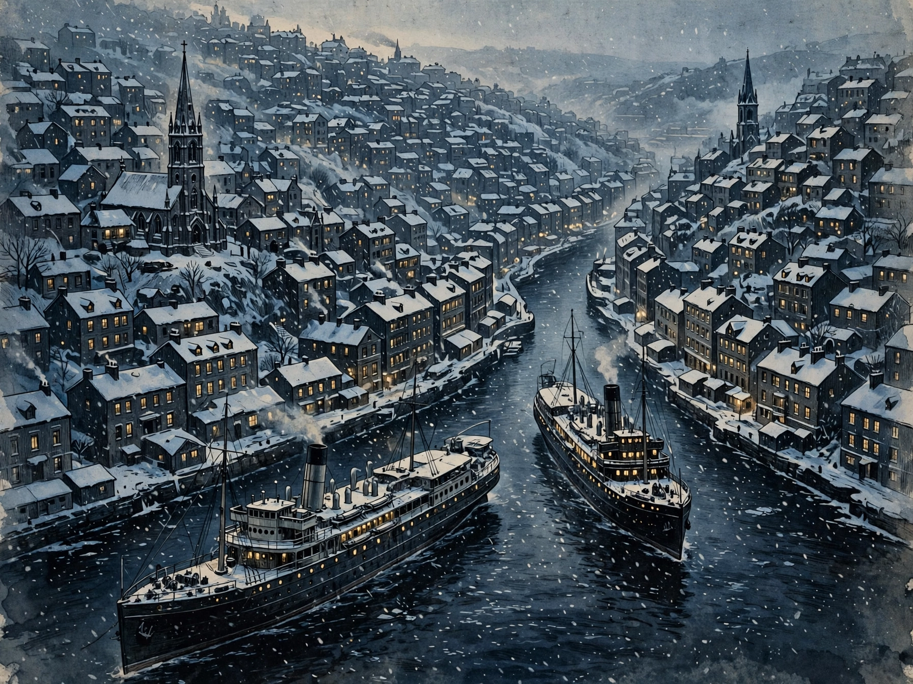 Illustration of a snow covered harbour town at dawn with two steamships in the narrows, winter 1917