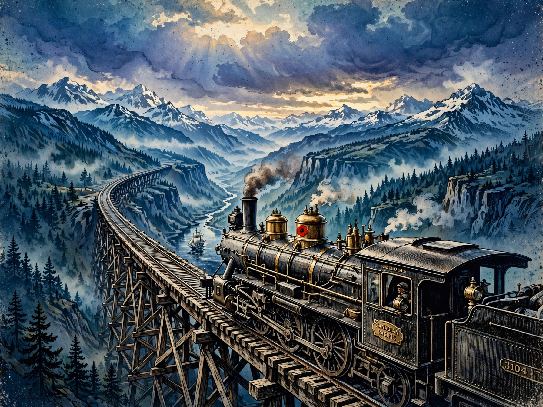 Illustration of a Canadian Pacific steam train crossing a mountain trestle at dawn, with a harbour and sailing ships below