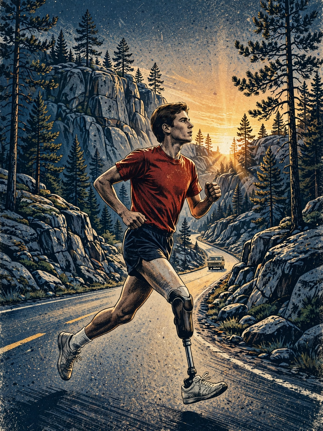 Illustration of a young runner with a 1980 style prosthetic leg on a highway through Canadian Shield country at sunrise
